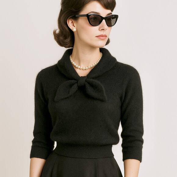 Vintage 50s French Angora Hepburn Bow Collar Black Sweater M L Feminine USA - Picture 1 of 10